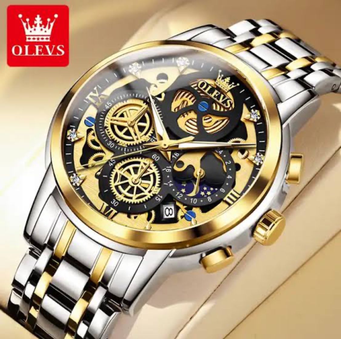 OLEVS Luxury Sport Men's Watches Top Brand Original Waterproof Quartz Watch For Men Gold Skeleton Style 24 Hour Day Night Reloj OLM-02